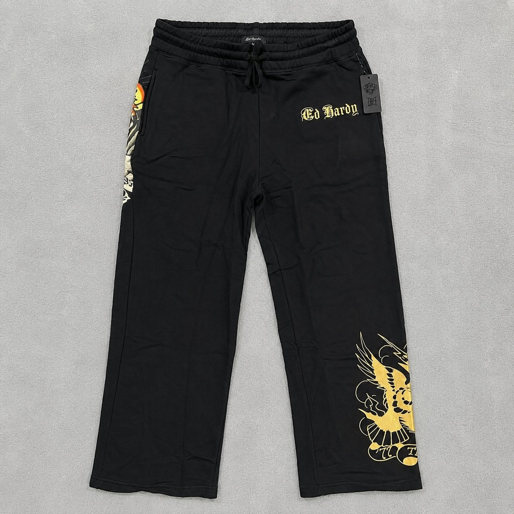 Ed Hardy Eagle Sweatpants Mens 2XL Straight Wide Leg Black Graphics Tattoo